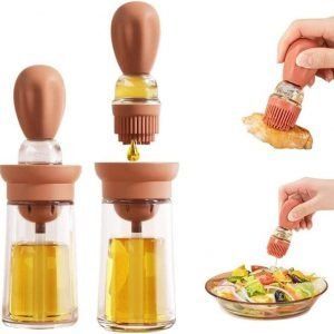 Dispensador de aceite de oliva 2 en 1. Botella de vidrio para cocina con cepillo de silicona y gotero