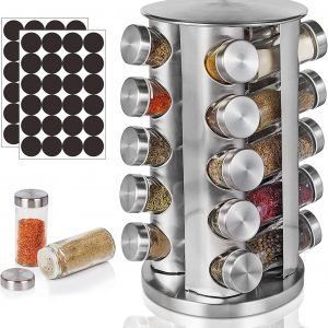 Especiero Organizador De Acero Inoxidable Giratorio 360º Con 20 Frascos De Vidrio Para Especias Y Condimentos De Cocina