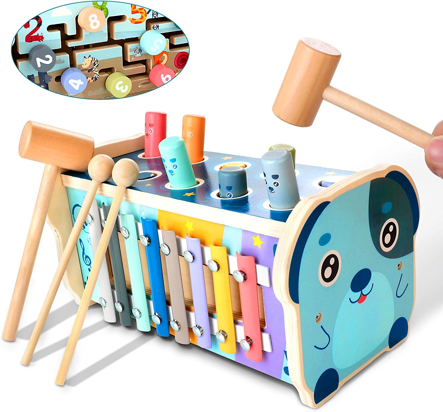 Juguete Montessori 6 En 1 De Madera – Martillo, Xilófono, Pesca, Golpear Topo, Engranajes Y Reloj – Para Niños De 18+ Meses, Regalo Educativo Y Seguro