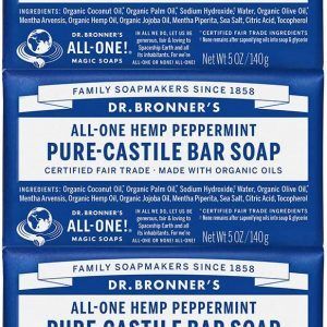 Dr. Bronner's | Jabón de castilla orgánico en barra, ideal para todo el cuerpo ayuda a eliminar células muertas y reducir la producción de cebo - Menta140 gr (3 pzs)