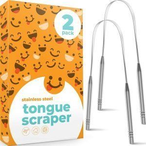 Rascador de lengua (paquete de 2), rascador de lengua de acero inoxidable para adultos para reducir el mal aliento (grado médico), limpiador de lengua de metal 100% libre de BPA
