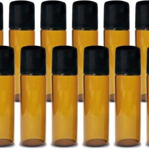Aplicador de Aceites Esenciales Roll On 10 ml con canica metálica Vidrio Ámbar para protección de los ingredientes puros y orgánicos 12 Piezas OLEUM VITAE