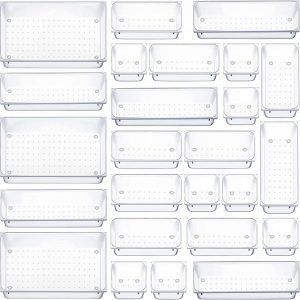 25 organizadores de cajones de plástico transparente,4 tamaños para baño Cajas Plásticas de Almacenamiento,