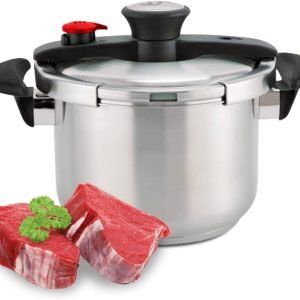 Olla de presión fabricada de acero inoxidable, Cuenta con capacidad 6 litros y 5 sistemas de seguridad, De fácil uso