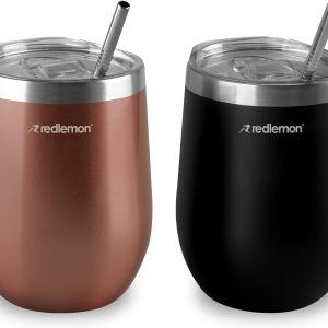 Redlemon Vaso Térmico y Termos para Café (2 piezas), Copas de Vino y Cerveza de Acero Inoxidable con Tapa Hermética, Vaso con Popote y Taza para Bebidas Calientes 3 Horas y Frías 4 Horas (350 ml)