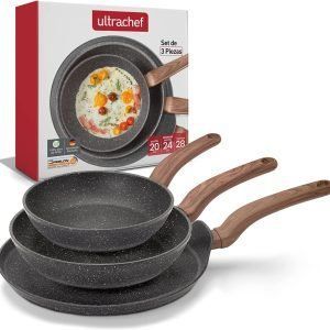 Ultrachef Juego de 3 piezas de Sartenes y Crepera con Revestimiento Antiadherente de Piedra de Alemania 100% libre de PFOA. Set de 3 Piezas (Sartenes 20 cm y 24 cm y Crepera 28 cm)