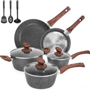 Ollas de cocina, juego de ollas de granito, juego de sartenes antiadherentes de 11 piezas, juego de ollas y sartenes preinstalados, compatibles con gas/inducción,100% libre de PFOA
