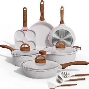 JEETEE - Juego de ollas y sartenes antiadherentes de granito blanco, juego de utensilios de cocina de inducción de 12 piezas con sartén, cacerola, sartén, sartén, cacerola, ollas de cocina, sin PFOA (12 piezas, granito blanco)