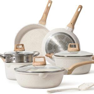 Juego de ollas y sartenes Carote antiadherentes, juego de utensilios de cocina de inducción de granito color blanco, 10 piezas con sartenes y cacerolas (PFOS, libre de PFOA)
