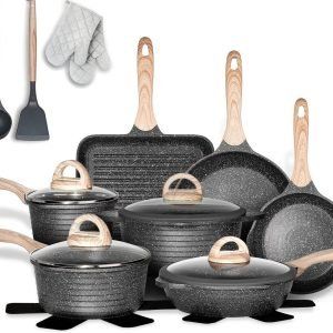JEETEE - Juego de ollas y sartenes antiadherentes, 20 piezas, juego de utensilios de cocina con revestimiento de granito, compatible con sartén, cacerola, sartén, asador, ollas de cocina, sin PFOA