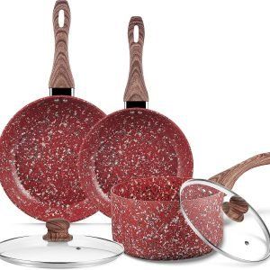 KOCH SYSTEME CS Juego de utensilios de cocina antiadherentes – Juego de cacerolas y sartenes/sartén, compatible con cocina de inducción, revestimiento antiadherente derivado de piedra roja y mango de baquelita fresco al tacto, libre de PFOS PFOA, 5 piezas