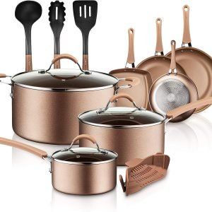 NutriChef PTFE/PFOA/PFOS - Utensilios de cocina antiadherentes de 14 piezas, juego con cacerola, sartenes, ollas, olla de horno holandés