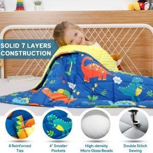 Manta pesada de 3 libras para niños, forro polar Minky y manta 100% algodón con abalorio, manta pesada reversible para niños de entre 18 y 30 libras, 36 x 48 pulgadas, dinosaurio azul