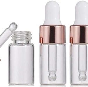 30 botellas cuentagotas de vidrio transparente, botellas de muestra de aceite esencial, frascos de perfume, recipientes cosméticos líquidos, botellas cuentagotas de vidrio con tapas de oro rosa (3 ml)