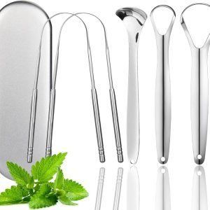 YEELEWO 5Pcs Raspador de Lengua, Raspador de Lengua Acero Inoxidable, Kit Limpieza Bucal, Limpiador de Lengua, Tongue Scraper con 1 Estuche de Metal para el Cuidado de la Lengua,l.
