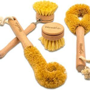 Set de 4 Utensilios de Limpieza de Cocina y Platos, Fabricados con Bambú y Fibras Naturales, 100% Biodegradables y Ecológicos.