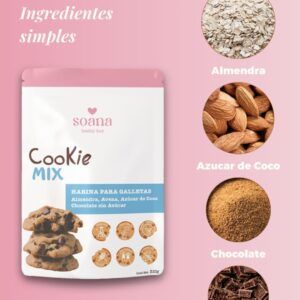 Harina para Galletas Sin Azucar con Chispas de Chocolate, Harina de Almendra, Harina de Avena sin gluten, Galletas sin gluten y sin azúcar, Soana, Vegano, 310 gr